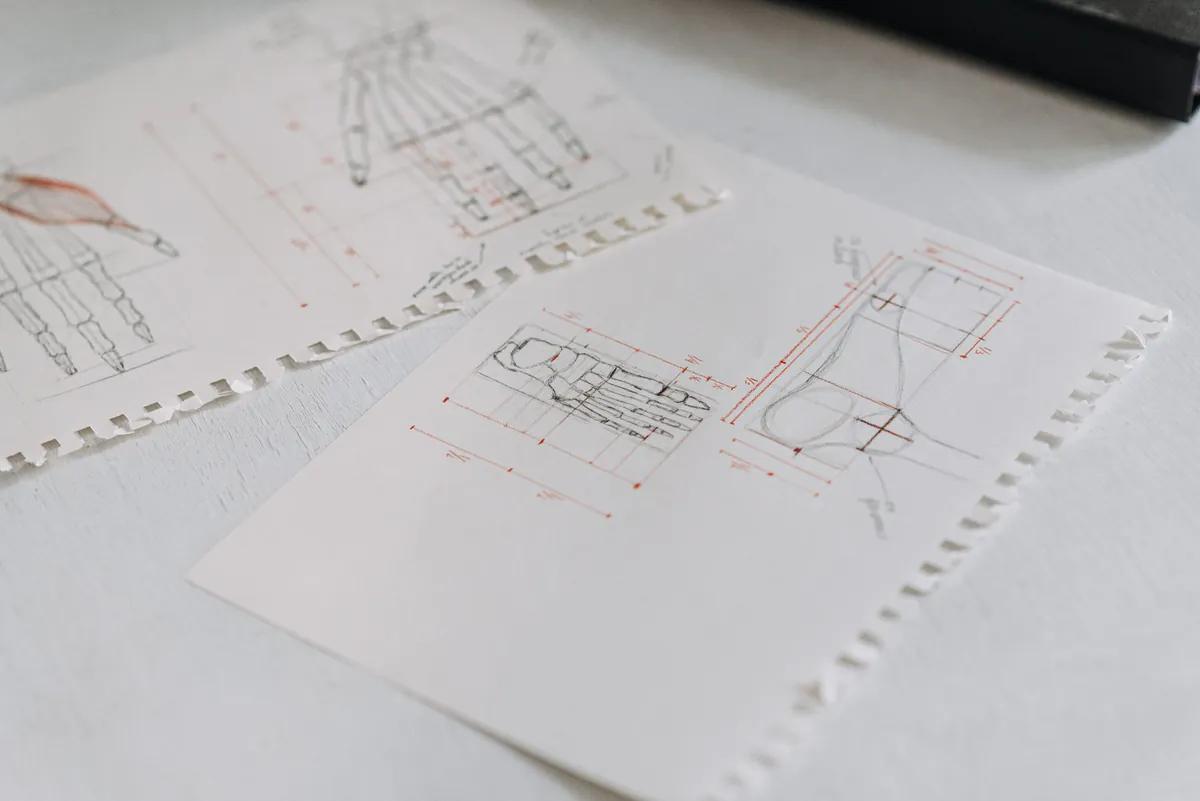 Technical drawings laid out in sequence on paper
