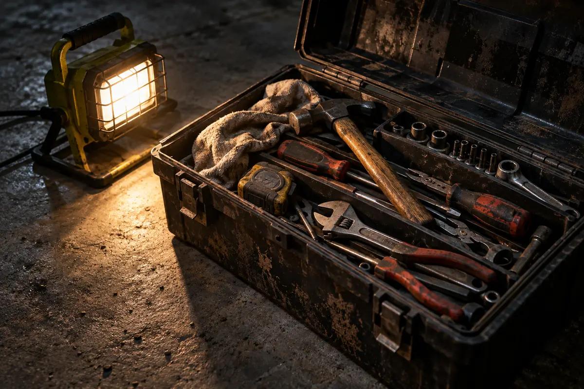 An open toolbox of worn tools on a concrete floor beside a work lamp