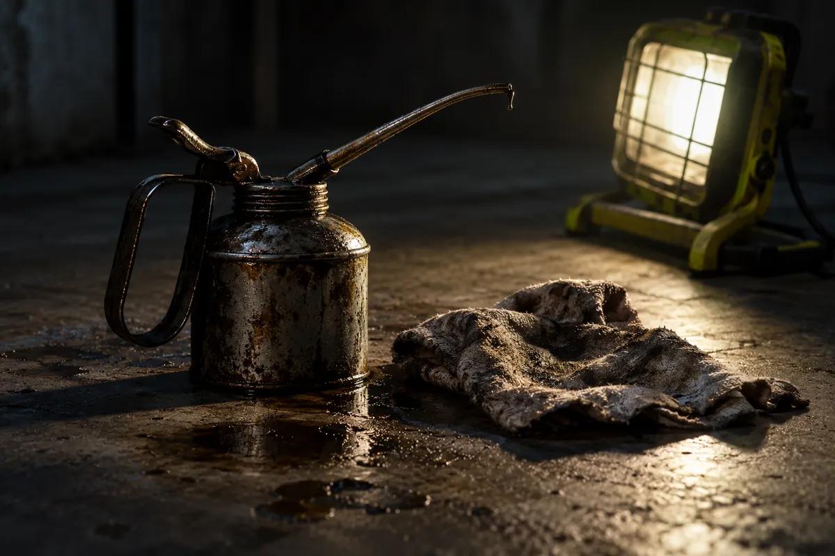 A worn oil can and rag on dark concrete beside a single work lamp
