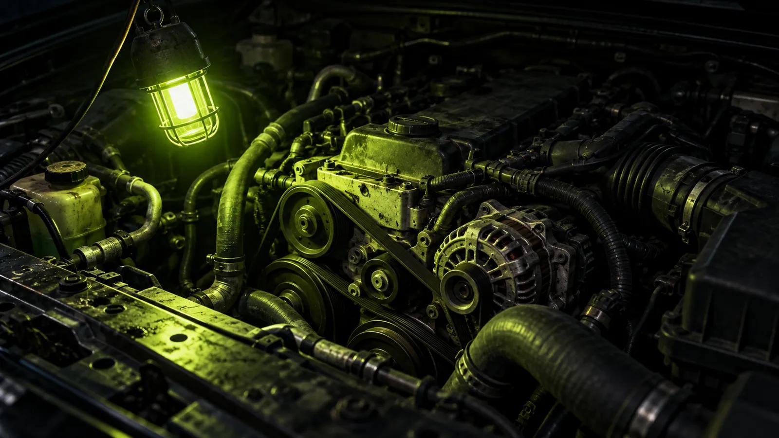 A car engine bay in shadow with a caged service lamp hanging inside, glowing lime
