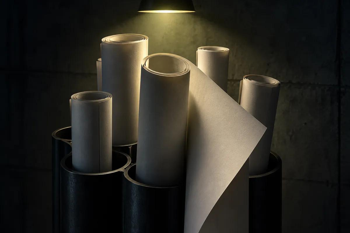 Rolled technical drawings standing in a dark tube rack, one partly unrolled