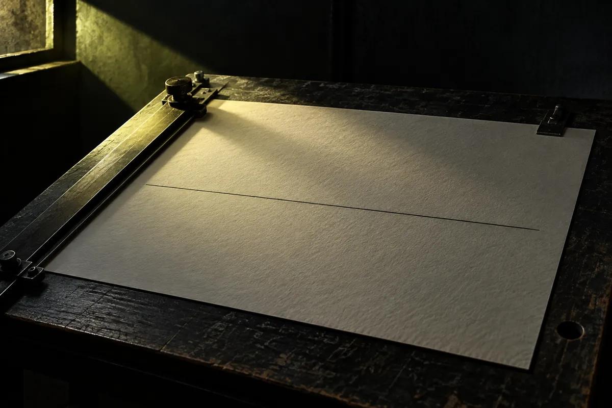 A drawing board with a single straight line ruled across blank paper, lit from a low angle
