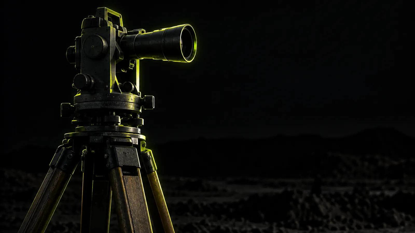 A surveyor's theodolite on a tripod with a lime rim light, pointed into dark open space