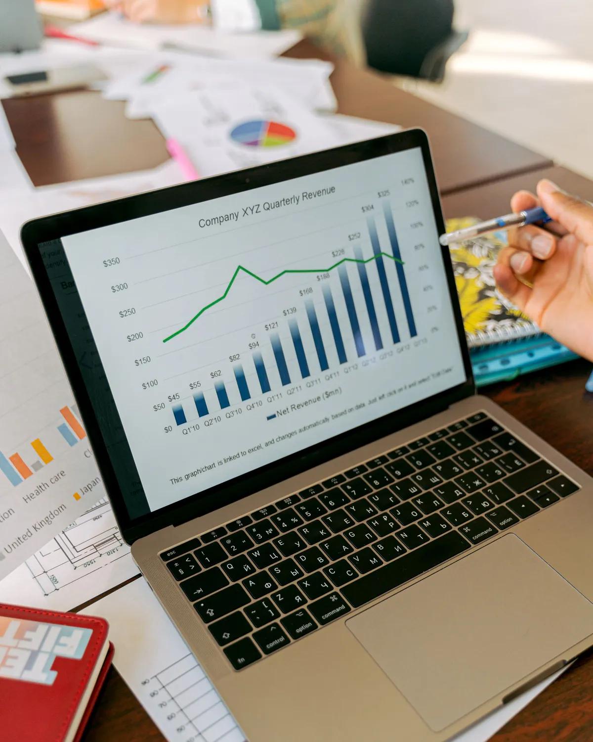 Analytics charts on a laptop screen, field data rather than a lab score