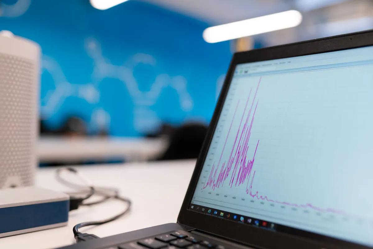 A trend graph on a laptop in an office, a metric tracked over time