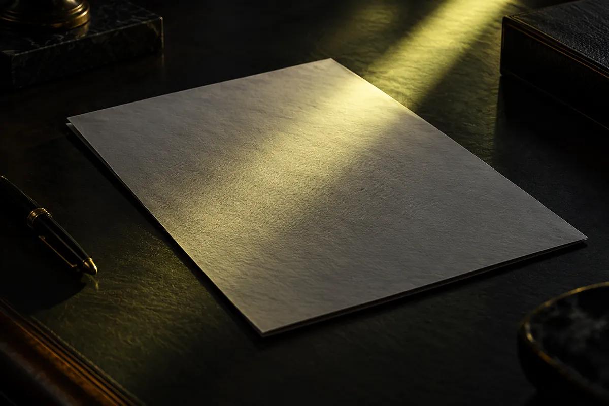 A document lying face down on a dark desk, lime light raking across the paper