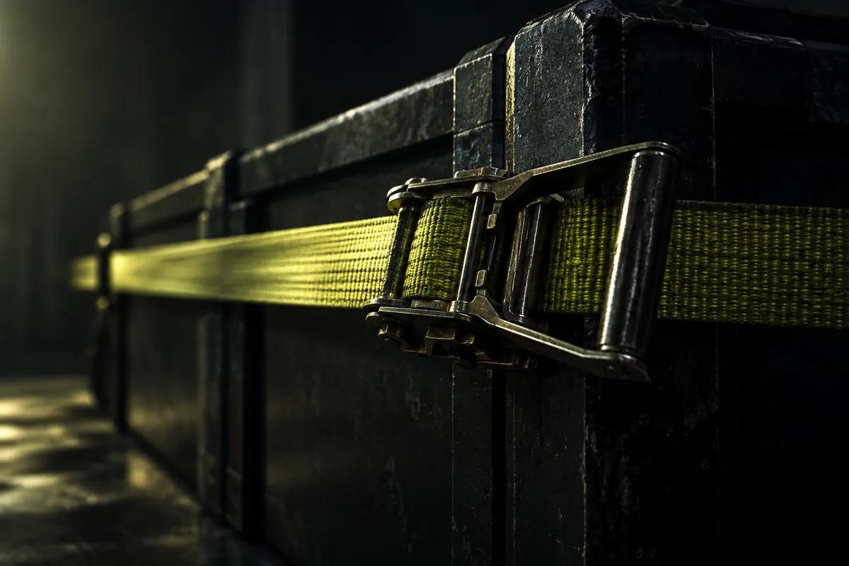 A ratchet strap pulled taut across a dark crate, lime light on the tension buckle