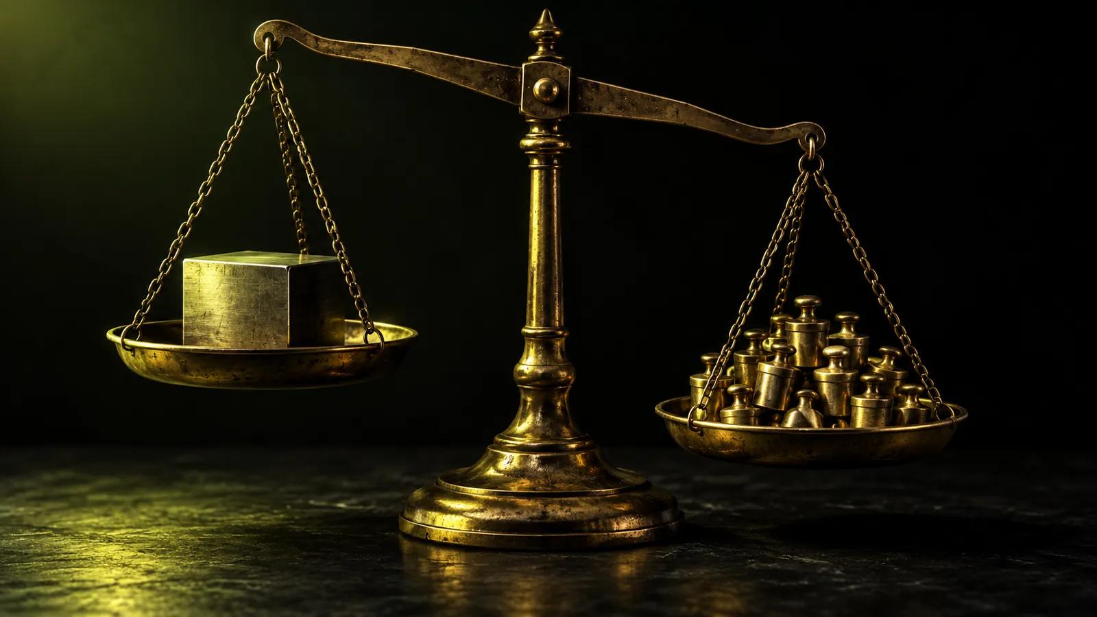 A brass balance scale in near darkness, one pan holding a solid block, the other a pile of small weights