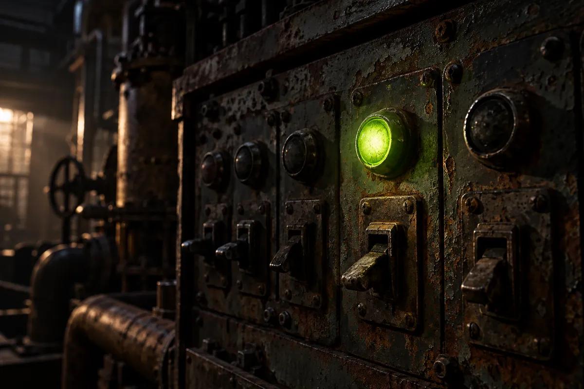 A rusted industrial control panel of physical switches, one indicator lit lime