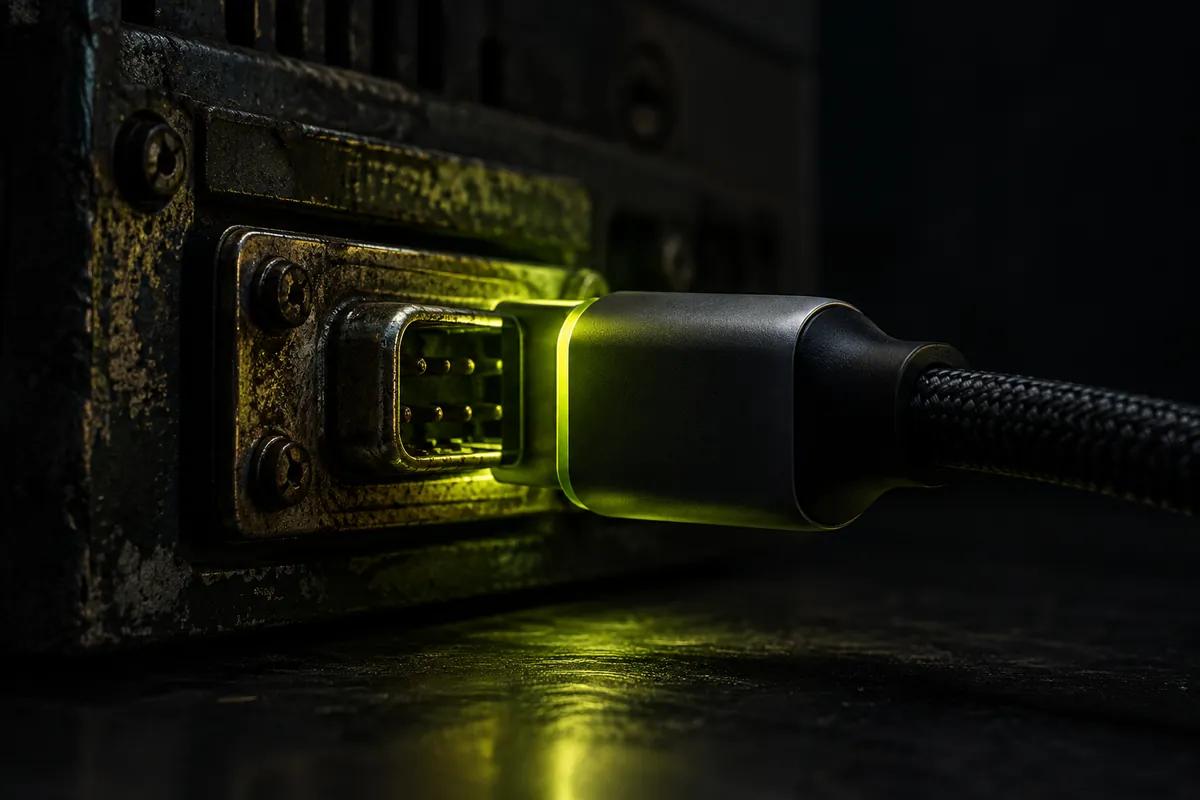 A modern cable plugged into an older port, the join lit lime in near darkness