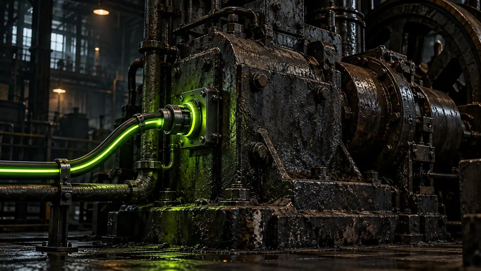 A heavy old industrial machine in a dark factory with a new lime-lit cable run into its side