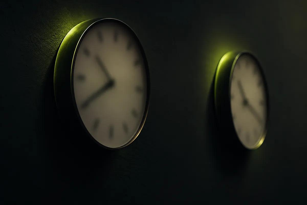 Two wall clocks on a dark wall showing different times, rimmed in lime light