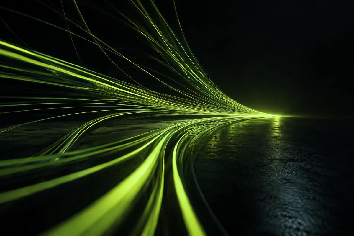 Lime fibre lines converging toward a single point in a dark space