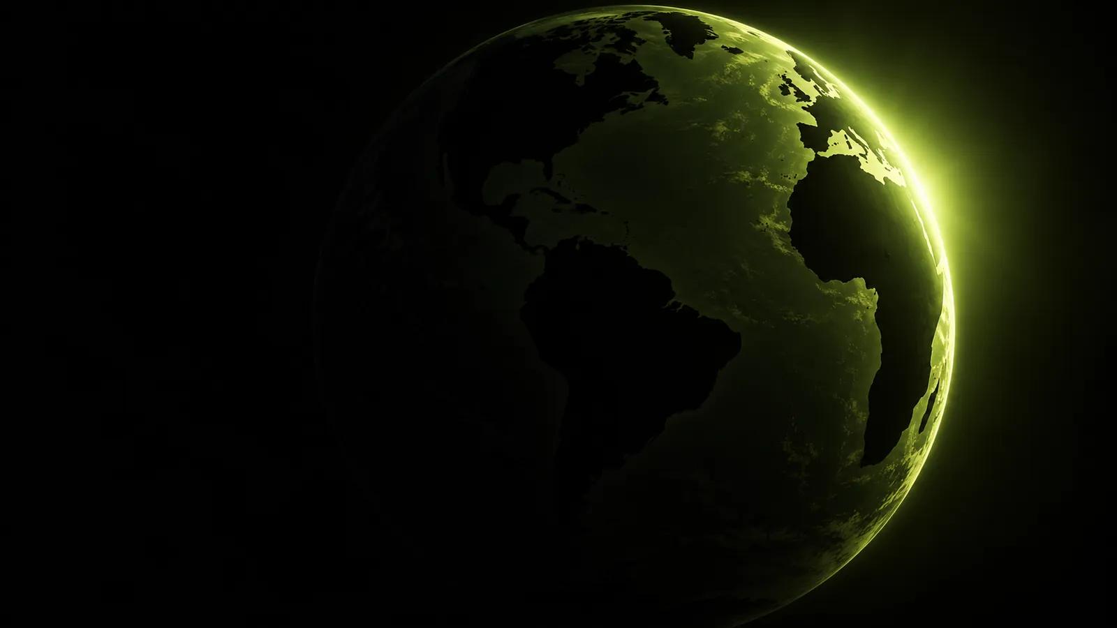 A dark globe lit from one side by lime light, continents in silhouette