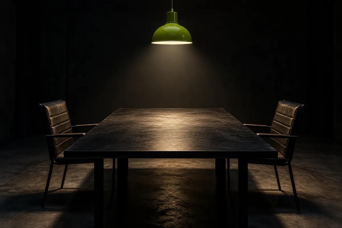 An empty meeting table with two chairs facing each other under a single lime pendant light