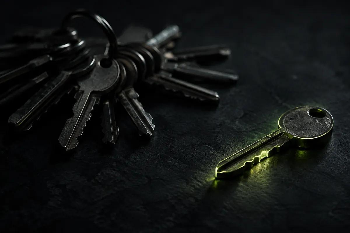 A ring of keys on a dark surface with one key set apart and edge-lit lime