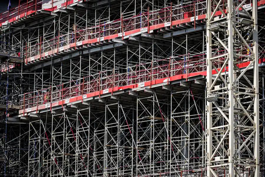 Steel scaffolding close up, temporary support that has to come off before use