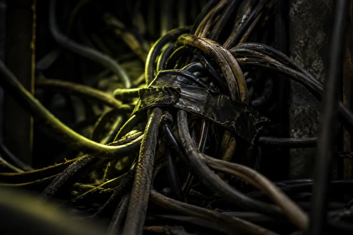 A tangle of old cables bound with tape in near darkness, a lime highlight tracing the knot