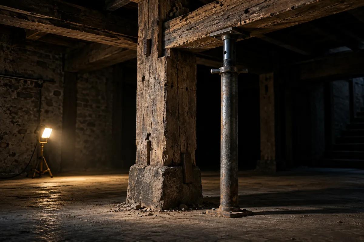 An old timber beam propped on a temporary steel support in a dark basement