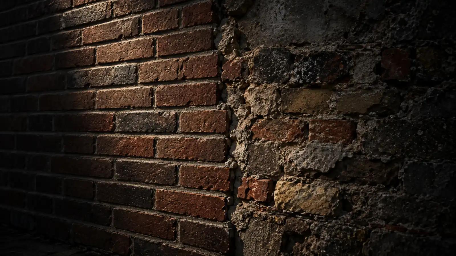 Neat new brickwork meeting a rough older patch of wall, the join exposed by raking light