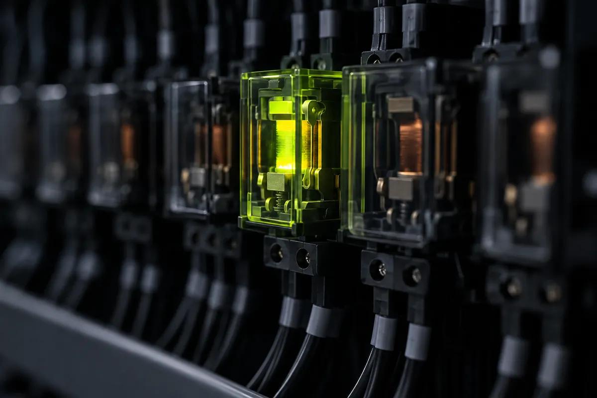 A row of relays in a dark rack, one closed and glowing lime while the rest stay dark