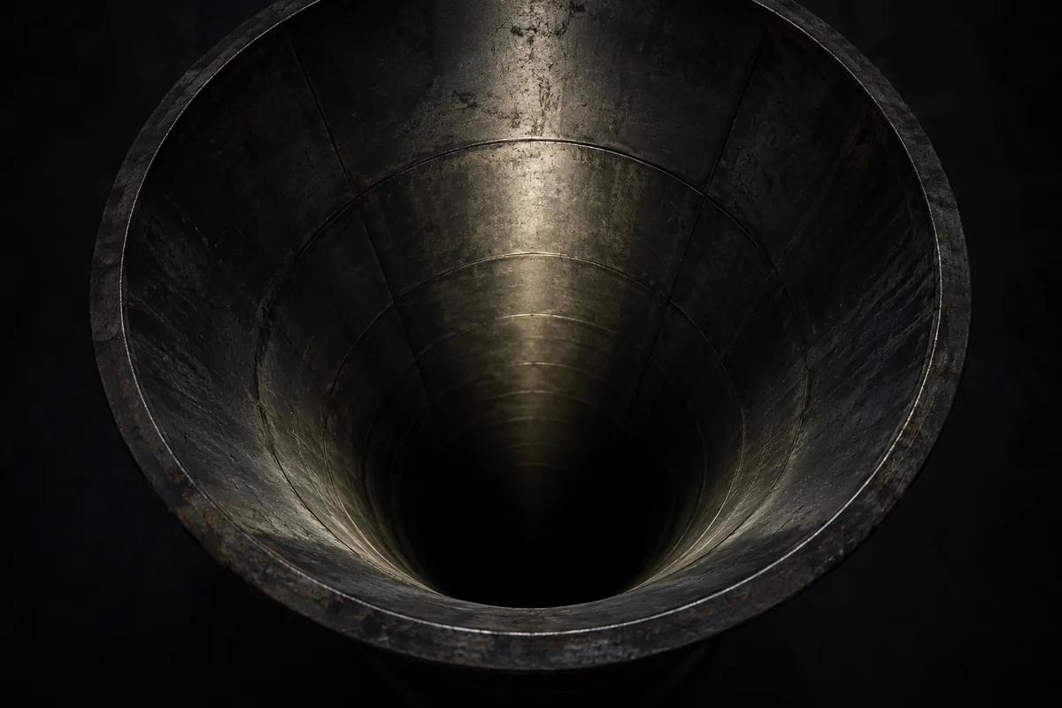 The inside of a dark metal funnel seen from directly above, narrowing into black