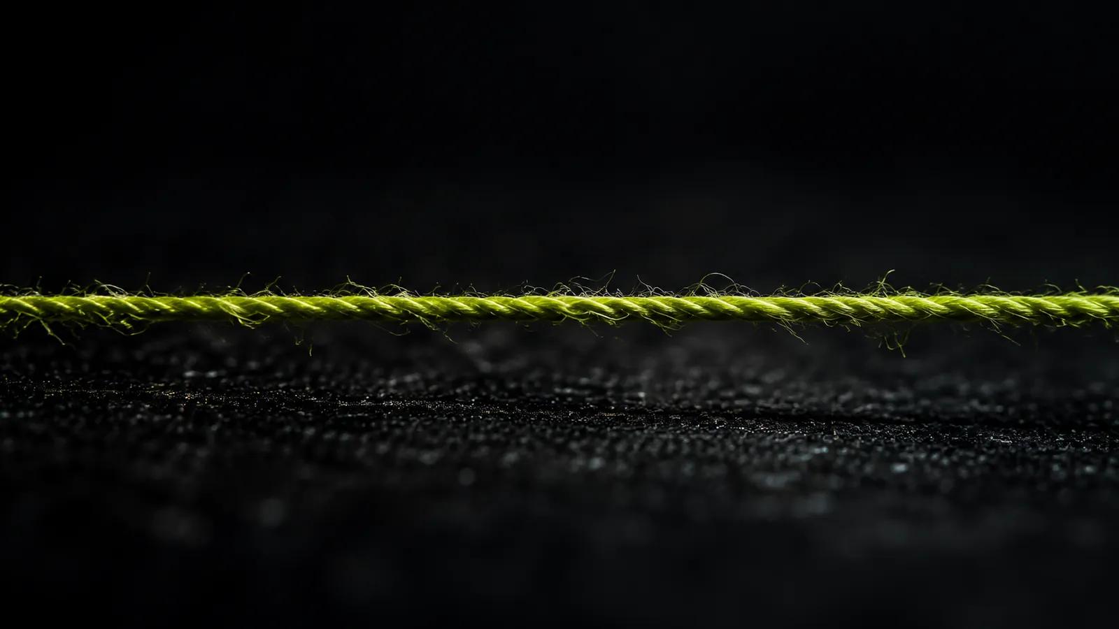 A single lime thread stretched unbroken across a near-black surface