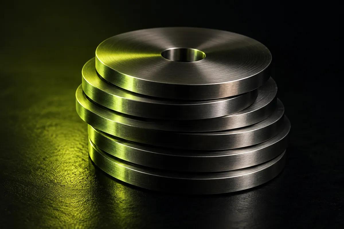 A stack of machined metal discs, each slightly offset, lit along their edges in lime