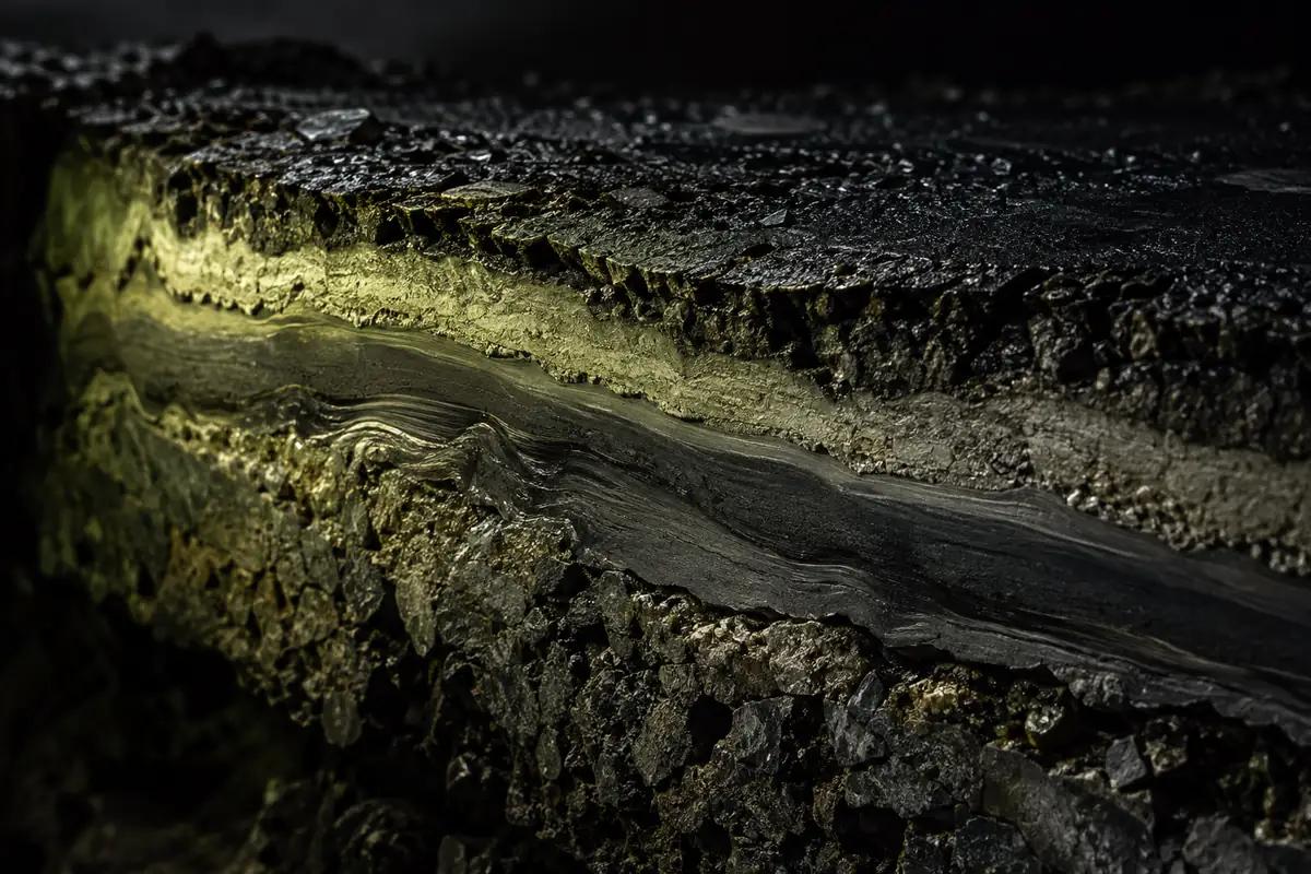 A cross-section through layered material, the strata picked out by raking lime light