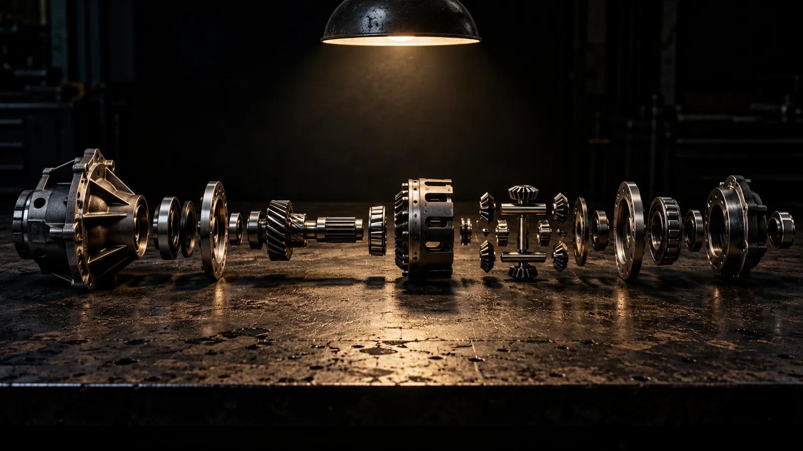 A machined assembly taken apart on a dark workbench, its parts laid out in a strict row