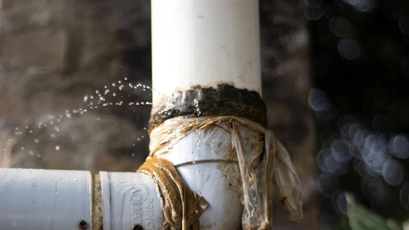 A leaking pipe patched with plastic sheeting and still dripping