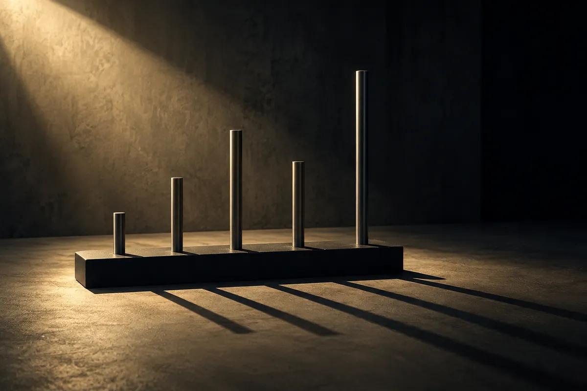 Five steel rods of different heights on a black base, casting long shadows