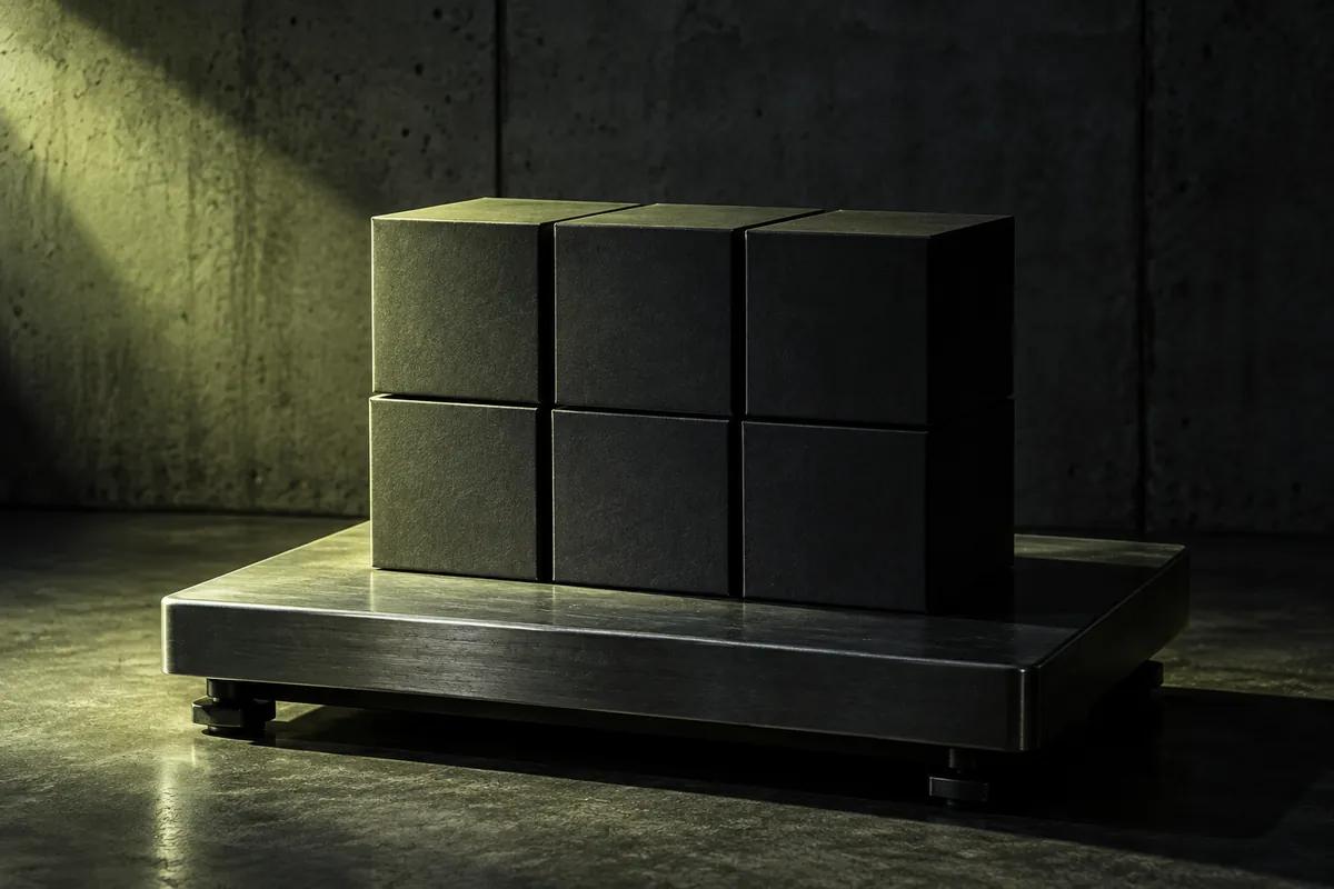 Identical dark boxes stacked on a weighing platform, lit from one side