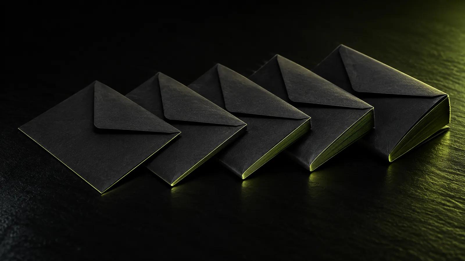 Five dark envelopes fanned on a black surface, each a different thickness, edged in lime light